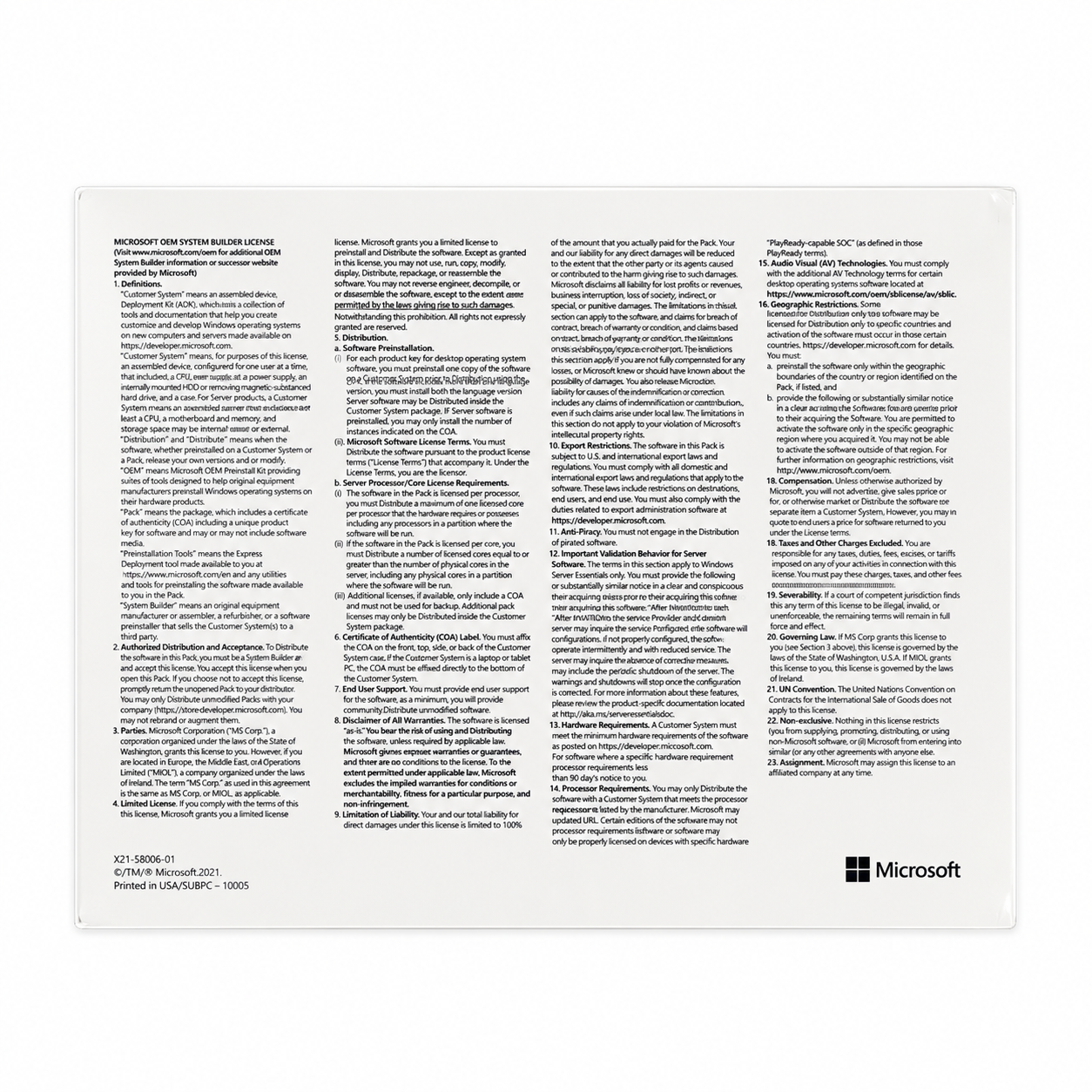 Microsoft Windows 10 Home OEM DSP DVD licentievoorwaarden op de achterzijde van de verpakking